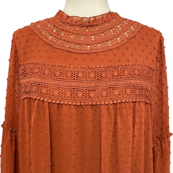 NWT Linda Anderson Crochet Trim Pull Sleeve Swiss Dot Dress Rust Size L - Picture 2 of 11